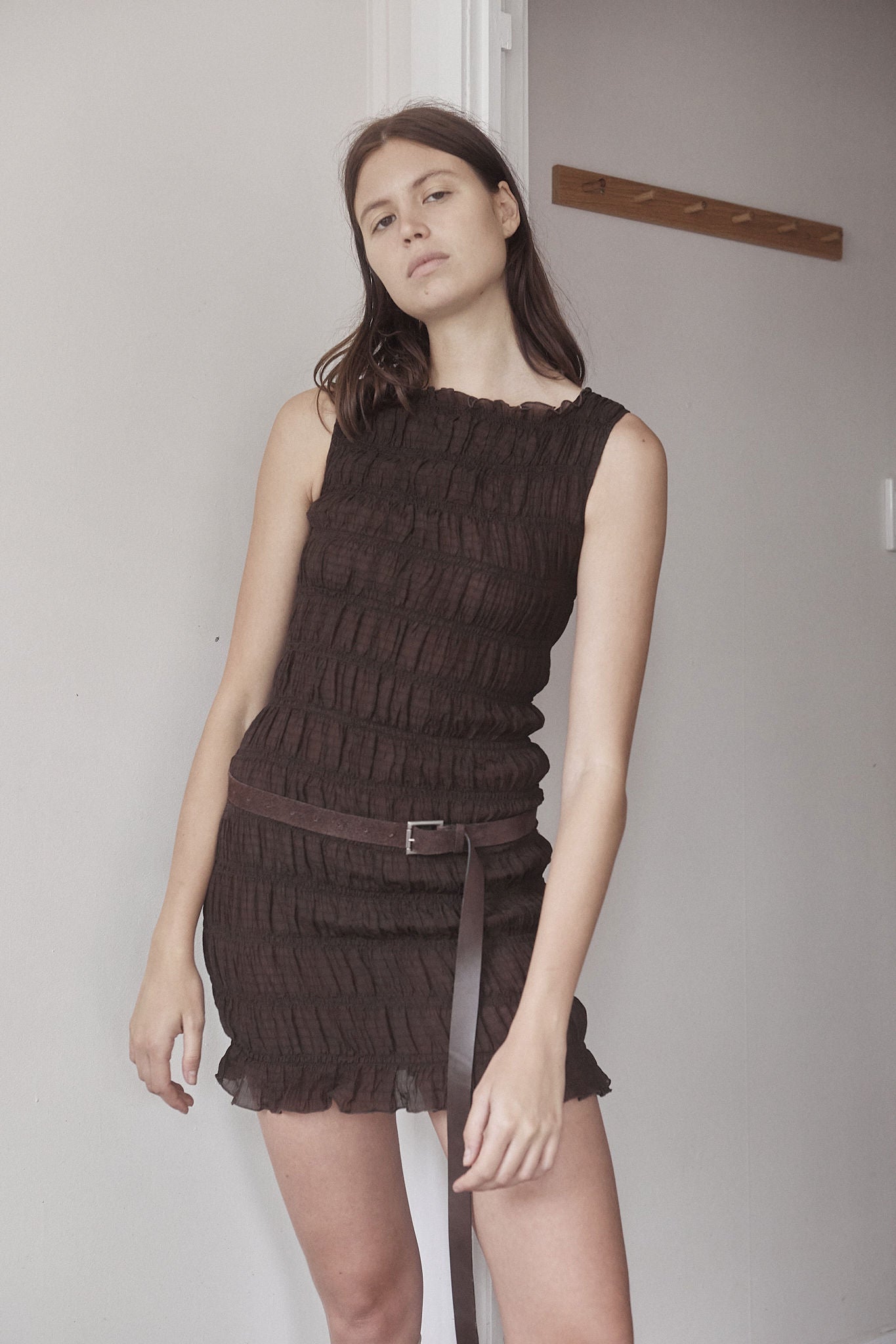 Load image into Gallery viewer, GATHERED MINI DRESS - CACAO