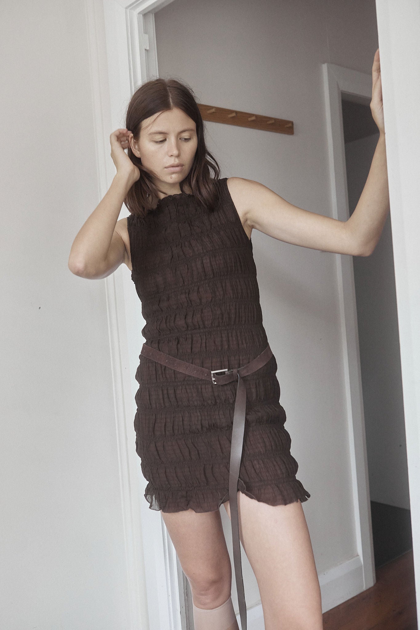 Load image into Gallery viewer, GATHERED MINI DRESS - CACAO